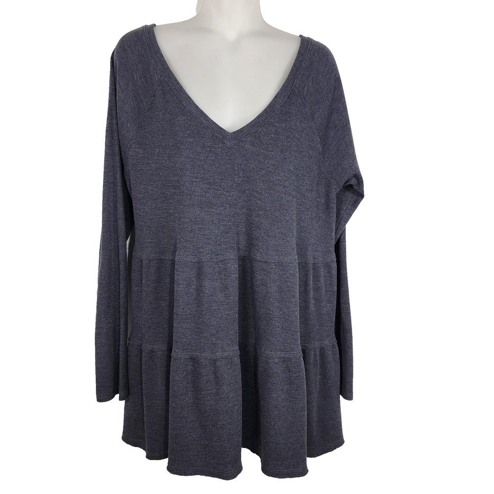 American Eagle Outfitters Women Tunic Top Tiered Ruffle Waffle Knit Gray VNeck M